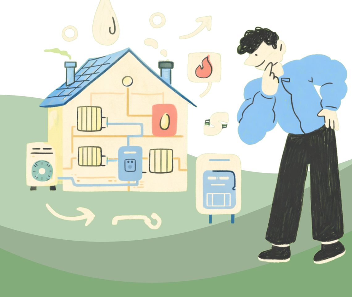 Illustration: Ein Hauseigentümer steht überlegend vor seinem Haus. Im Schnitt sind Heizkörper, ein Heizgerät, eine Wärmepumpe und Solarpaneele zu sehen.