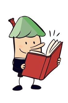Klausi, das Maskottchen von haushoch4: eine freundliche Figur mit einem Dach als Hut, die in einem Buch liest.